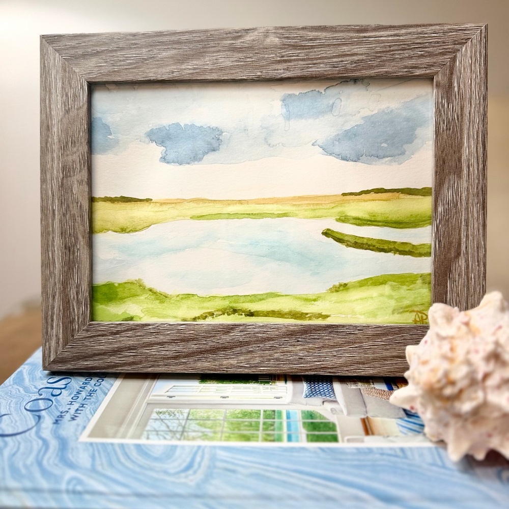 Original Coastal Marsh Landscape Watercolor Painting-5x8 Framed